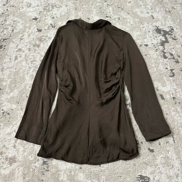 Zara Brown Satin Silk Keyhole Long Sleeve Fitted Button Down Shirt Top Size M - Picture 2 of 3